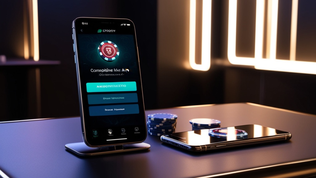 iPhone com instalação de app e fundo de casino escuro